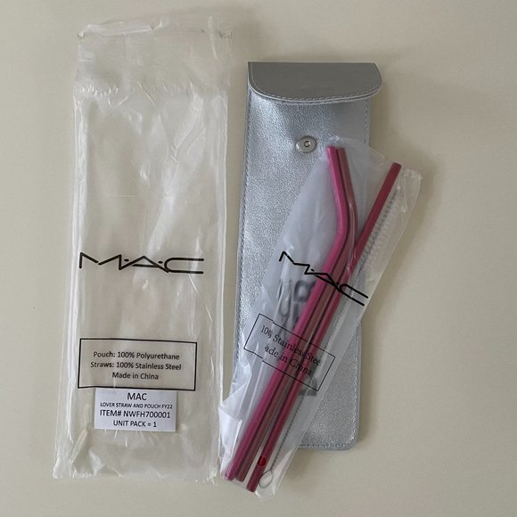 MAC Lover Straw and Pouch Set 3 Piece Stainless Steel Straws Cleaning Brush New - Picture 2 of 4
